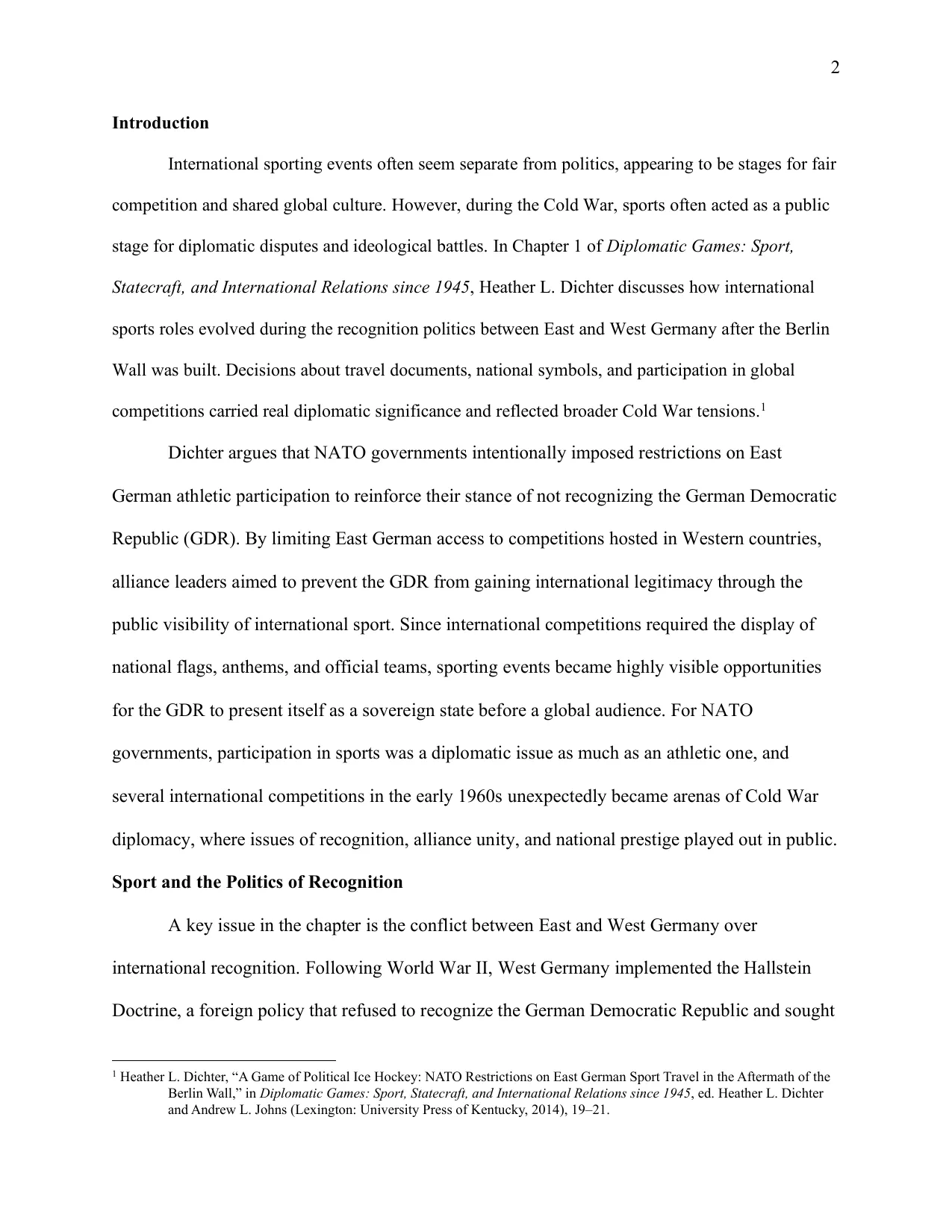 Sport as Cold War Diplomacy: Recognition and Rivalry between East and West Germany, page 2 of 8